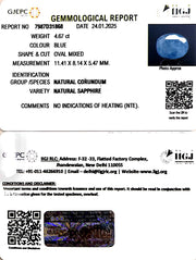 4.67/CT Natural Blue Sapphire with Govt Lab Certificate-4551